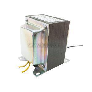 Rectangular metal transformer unit with multiple colored wires.