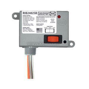 Compact grey relay box with orange sliding switch and a bundle of wires exiting the bottom