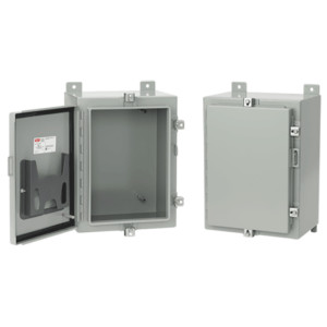 Grey rectangular enclosure with a hinged door and latch; one view shows the interior and the other closed