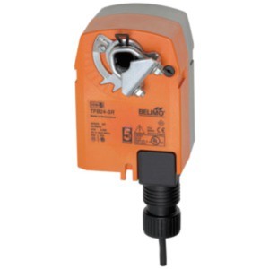 Orange and grey actuator with a metal clamp mechanism on the front and a black cable gland at the bottom