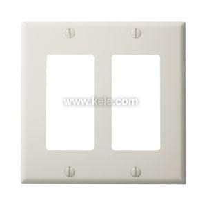 Photo of a white plastic wall plate sized for two rocker-style switches; it has two rectangular cutouts and four screw holes.
