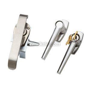 Three metallic lever‑style handles used for latching panels; one has a key.