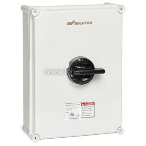 A small white box with a black circular handle on the front for isolating electrical circuits.