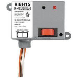 Grey RIBH1S module with red button, indicator light and coloured wires.