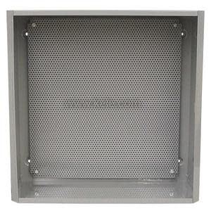 A square enclosure with translucent grey plastic sides and a perforated metal sheet inside; designed as a protective vented housing, displayed on a plain white background