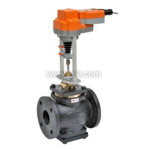 Dark cast valve body with flanges holds a silver spring mechanism topped by an orange motor.