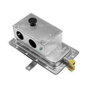 Metal air pressure switch assembly with rectangular housing on a flat base and two brass barbed fittings on one end.