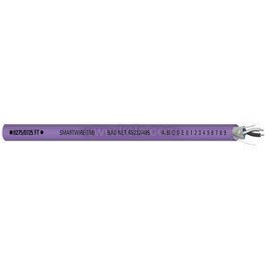 A thin purple sensor rod labeled Smartwire BACnet RS232/485 with letters and numbers printed along its length, ending in four color‑coded wire leads.