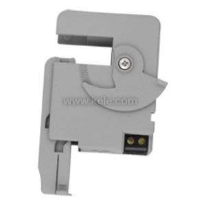 Rectangular grey plastic device with a hinged top jaw and a screw at the pivot point used for clamping over a wire