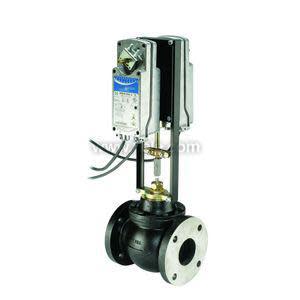 Globe valve with grey actuator and black body.