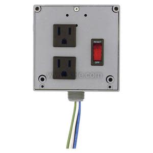 Metal box with two outlet receptacles, a switch and printed label