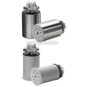 Set of four cylindrical vent caps with perforated ends and threaded fittings.