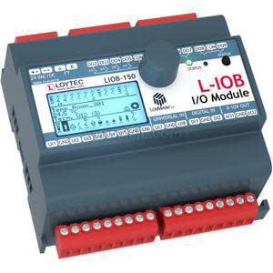 A grey electronic I/O module labelled L-IOB-150 from Loytec featuring a small screen with readings and two rows of red terminal connectors.
