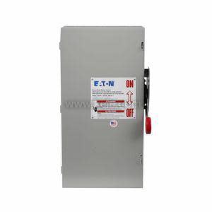 Straight‑on photograph of a rectangular grey metal electrical safety switch enclosure with a red on/off handle on the right side and labeled instructions on the front.