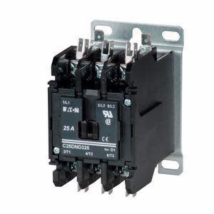 Dark rectangular 25-amp contactor showing three sets of contact blocks and attached to a silver mounting bracket.