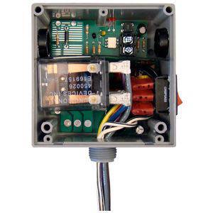 Open grey relay box with clear relay, circuit board and colored wires