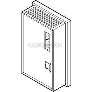 Outline drawing of a rectangular thermostat showing vent slits at top, a narrow vertical window and a small slider.