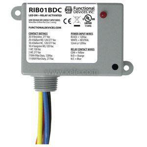 Grey rectangular relay box labeled RIB01BDC with red indicator and colored wires hanging from the bottom.