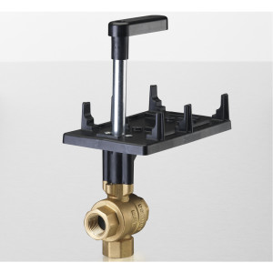 Brass T-shaped valve with a vertical metal rod attached to a black rectangular frame topped with a horizontal handle.