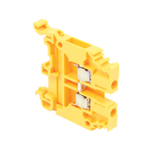 Yellow plastic terminal block with two metal contact clamps and mounting slot.