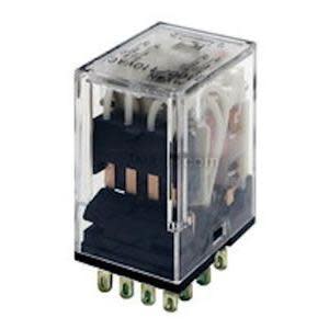 Clear rectangular relay module with internal copper contacts and multiple connector pins.