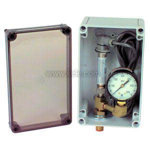 Gray box with transparent front panel revealing gauge and sensor inside.