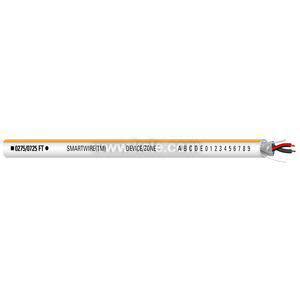 A thin white sensor rod with a beige stripe, labeled Smartwire and device zone, showing letters and numbers, with red and black wires at one end.