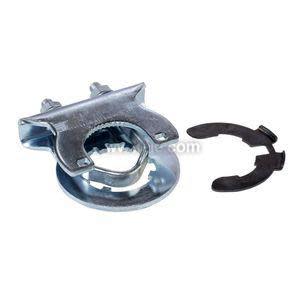 Metallic clamp assembly with circular gear-like section and separate black retaining clip