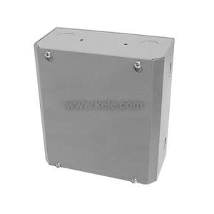 A compact square-shaped steel junction box with a plain front panel secured by screws at each corner, shown against a white background