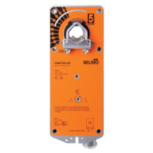 Tall rectangular orange actuator with printed degree scale, central clamp and Belimo logo.