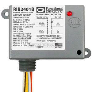 Rectangular grey relay box labeled RIB2401B with printed specs, red LED and multicolored wires