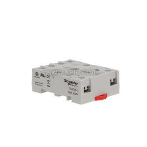 Small rectangular gray electrical device with rows of holes on the top and sides and a red tab on the front, labeled Schneider Electric.