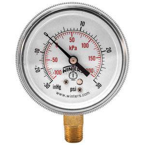 Circular pressure/vacuum gauge showing negative and positive psi readings with black needle and brass connector.