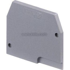Flat grey plastic end cover with two mounting holes and slotted bottom edge
