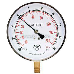 A large round pressure gauge labeled 'PCT Series' with a white dial showing both vacuum and pressure measurements, and a brass fitting on the bottom.