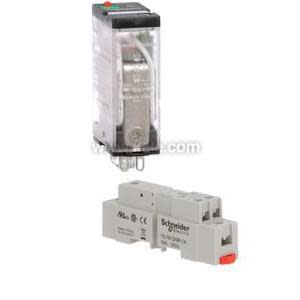 Two transparent cube relays mounted on black socket base with green screw terminals.