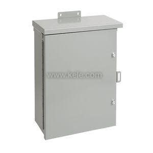 Rectangular gray metal cabinet with a door and handle for electrical equipment.