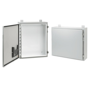 Pair of light gray metal electrical boxes, one displayed with its door open revealing an empty interior and the other closed