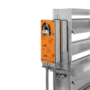 Orange rectangular actuator attached to a silver damper frame with a curved scale indicator and two flexible metal conduits