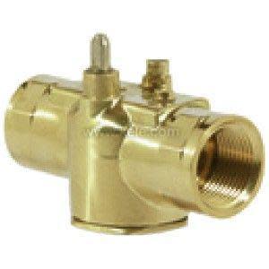 Small brass T-shaped valve body with two female threaded openings and a short vertical post on top