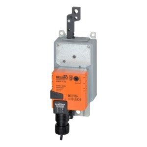 Rectangular grey wall plate with an attached orange actuator and a vertical lever and linkage mechanism