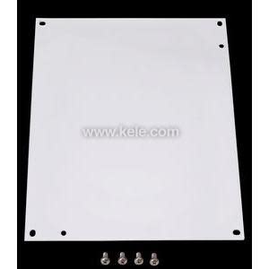 A light gray rectangular back plate with several holes near its perimeter, presented with four screws below, intended for mounting inside an enclosure.