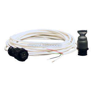 Coiled white cable with a round black connector at one end and a small grey sensor weight with bare leads at the other.