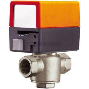 Dual-zone valves with orange and purple actuators on grey bodies.