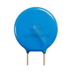 Small round blue varistor disk with two straight wire leads