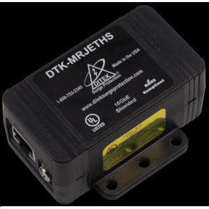 Small rectangular module with RJ45 ports and warning labels