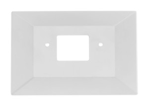 Simple white wall plate with a central rectangular cutout and two screw holes, beveled around the edges for mounting a small device.