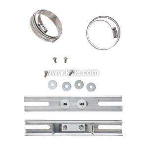 An assortment of mounting hardware including two circular metal hose clamps, four screws, four washers and two long slotted metal brackets, arranged on a white background.