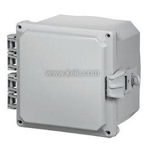 A small light gray electrical box with a solid hinged door, a latch on the right side, and a column of rectangular cable-entry shapes on the left, photographed against a white background.