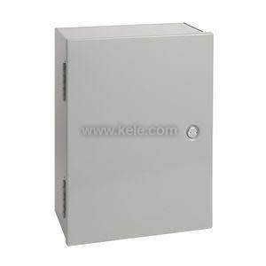 Tall narrow grey metal box with hinged front door and key lock on the face